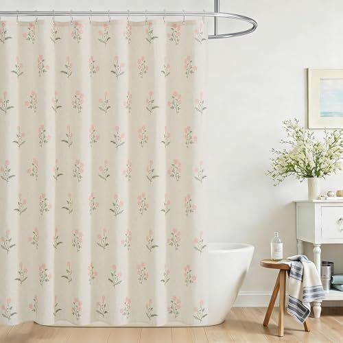 ORTIGIA Linen Shower Curtain 60 W x 72 L Farmhouse Vintage Pink Green Floral Shower Curtains Boho Rustic Block Print Cottagecore Decor for Bathroom