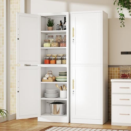 Tall Metal Narrow Bathroom Storage Locker Cabinet 67" H,White Kitchen Pantry Cabinets with 4 Adjustable Shelves and 2 Lockable Doors,File Cabinet Organizer for Kitchen Home Office Living Dining Room