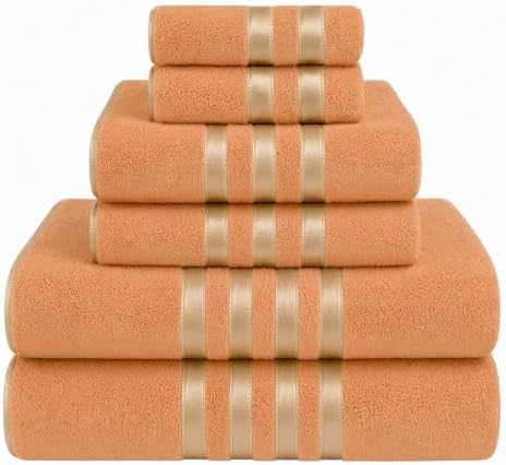 6-PCS Coral Fleece Microfiber Towel Set with Gold Stripes, Super Absorbent, Multiple Colors Available for Home, Bathroom, Hotel & Gym (6, Orange)