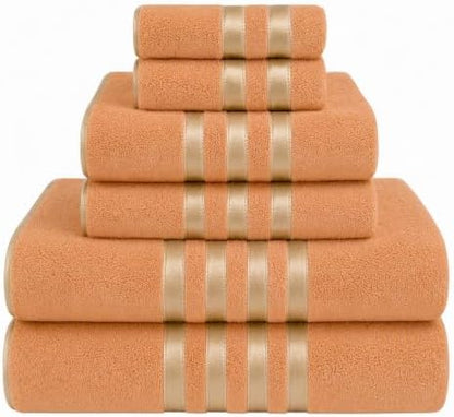 6-PCS Coral Fleece Microfiber Towel Set with Gold Stripes, Super Absorbent, Multiple Colors Available for Home, Bathroom, Hotel & Gym (6, Orange)