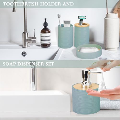 RRM 4 Piece Bamboo Bathroom Accessories Set, Boho Bathroom Decor, Aqua