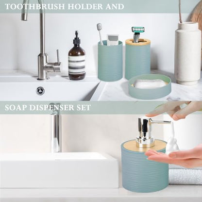 RRM 4 Piece Bamboo Bathroom Accessories Set, Boho Bathroom Decor, Aqua
