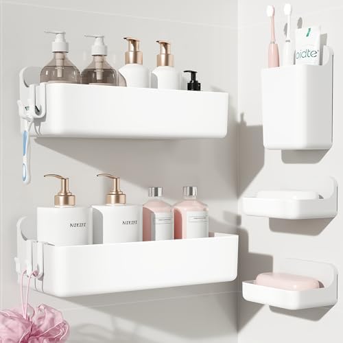Nieifi Adhesive Shower Shelves, White, 5 Pieces