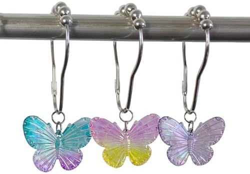 Butterfly Shower Curtain Hooks Rings,12Pcs Colorful Resin Pendants Accessories, Rustproof Rings Insect Garden Nature Theme Home Bathroom Decoration (Purple Pink Blue Pink Yellow)