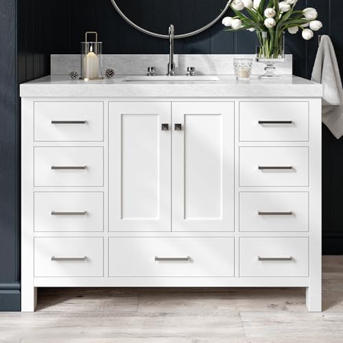 ARIEL Cambridge 48-inch Bathroom Vanity with Sink,Solid Wood, 2-inch Italian Carrara Marble Countertop, Single Rectangular Porcelain Sink, 2 Soft Closing Doors, 9 Dovetail Drawers, White