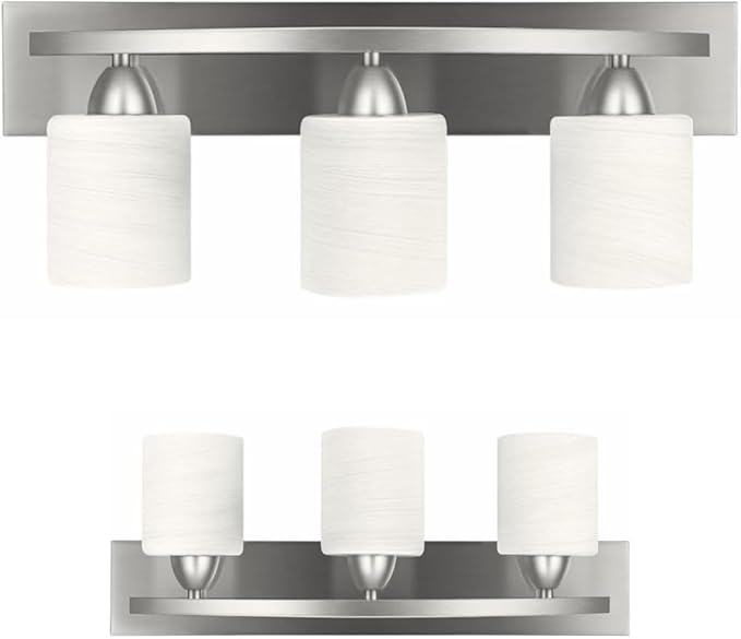 3-Light Bathroom Vanity Bar Light Fixture - Brushed Nickel | Modern Frosted glass shades with E26 socket. Matte Wall sconce lighting perfect over mirror, kitchen, hallway, or entryway
