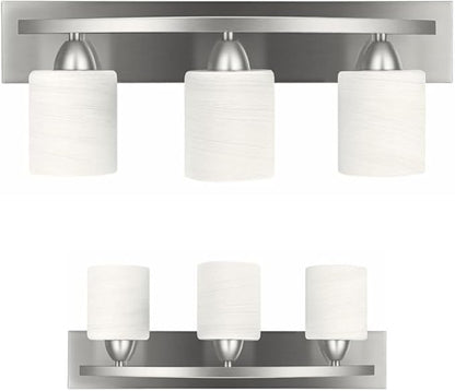 3-Light Bathroom Vanity Bar Light Fixture - Brushed Nickel | Modern Frosted glass shades with E26 socket. Matte Wall sconce lighting perfect over mirror, kitchen, hallway, or entryway