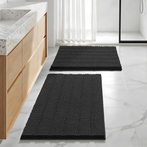 Bcoimo Bath Rug Mat Set,2 Piece Thick Absorbent Chenille Bathroom Mat Black