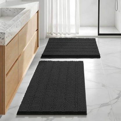 Bcoimo Bath Rug Mat Set,2 Piece Thick Absorbent Chenille Bathroom Mat Black