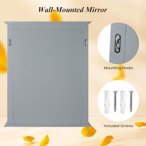 CHARMAID Bathroom Mirror with Shelf - 27" x 22.5" Wall Mirror Over Bathroom Sink, Wooden Frame Modern Rectangular Hanging Vanity Makeup Mirrors for Washroom, Entryway (Gray,27" L x 22.5" W)