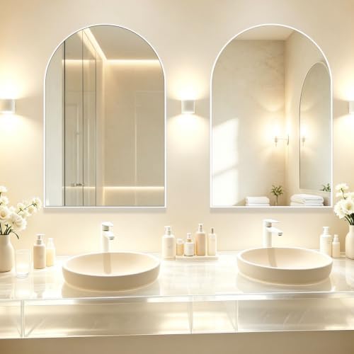 Wall Mounted Mirror, Arched Wall Mirror for Bathroom, 2 Pieces 24"x36" Arch Bathroom Mirror with Metal Frame, White Vanity Mirror Decor for Mantle, Bedroom, Entryway, Living Room