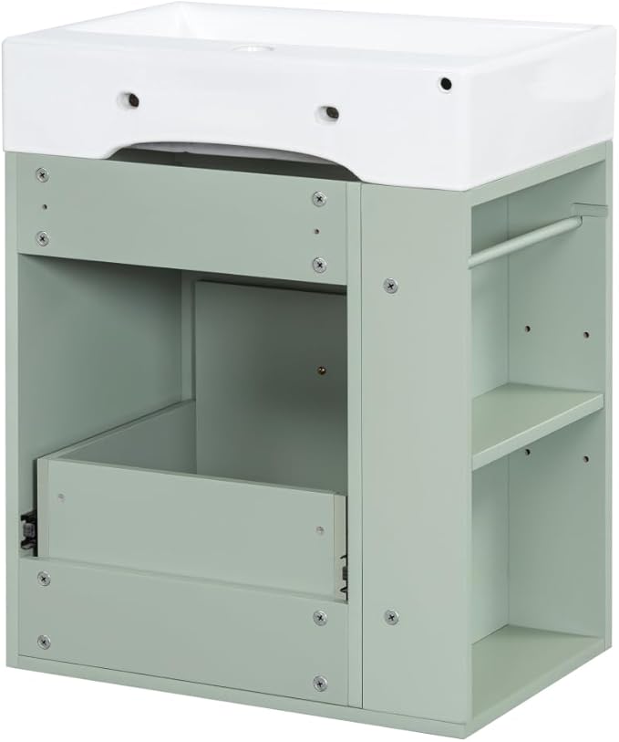 20" Floating Small Bathroom Vanity with Sink, Wall Mounted Vanity for Compact Bathrooms, Space-Saving Narrow Bathroom Vanities with Soft-Close Drawer Open Shelf Towel Bar (Green,20" Floating Drawer)