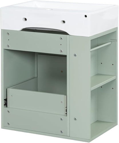20" Floating Small Bathroom Vanity with Sink, Wall Mounted Vanity for Compact Bathrooms, Space-Saving Narrow Bathroom Vanities with Soft-Close Drawer Open Shelf Towel Bar (Green,20" Floating Drawer)
