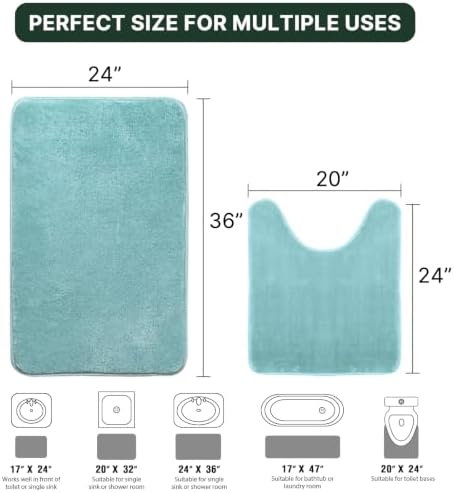 H.VERSAILTEX Bath Mat Memory Foam Set Bathroom Rug Set Flannel Velvety Bath Mat Luxury Extra Soft and Absorbent Non Slip Rugs for Bathroom/Bedroom (Curved Set 24"x 36" Plus 20"x 24"U, Eggshell Blue)