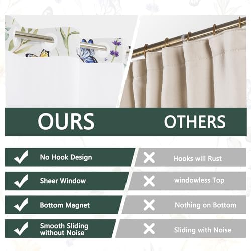 No Hook Flowers Shower Curtain with Snap-in Liner, 71x74 Inch
