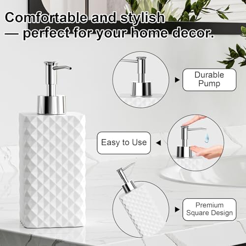Bathroom Accessories Set Resin 6PCS, Square Toothbrush Holders Set Complete with Soap Dispenser, Vanity Tray, Tumbler, Cups and Cotton Swab Jars (White Diamond, Resin Bath 6 PCS)
