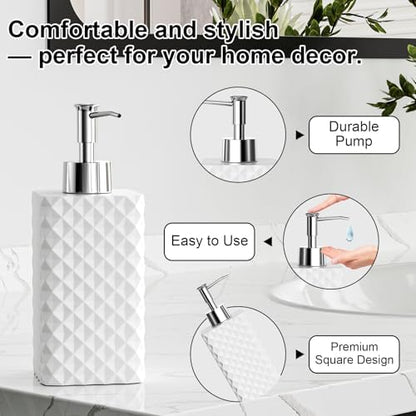 Bathroom Accessories Set Resin 6PCS, Square Toothbrush Holders Set Complete with Soap Dispenser, Vanity Tray, Tumbler, Cups and Cotton Swab Jars (White Diamond, Resin Bath 6 PCS)