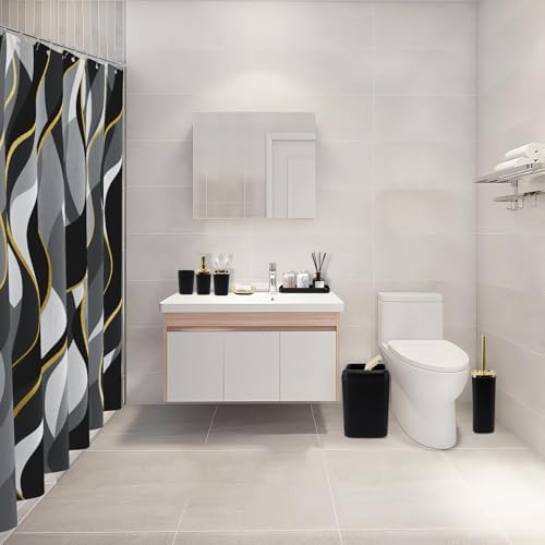 XLHOMO Black Bathroom Set, Bathroom Sets with Stripe Shower Curtain, Black and Gold Bathroom Accessories with Trash Can, Soap Dispenser, Soap Dish, Toilet Brush Holder, Qtip Holders for Bathroom