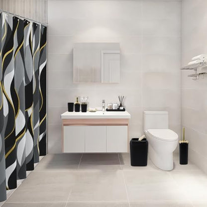 XLHOMO Black Bathroom Set, Bathroom Sets with Stripe Shower Curtain, Black and Gold Bathroom Accessories with Trash Can, Soap Dispenser, Soap Dish, Toilet Brush Holder, Qtip Holders for Bathroom