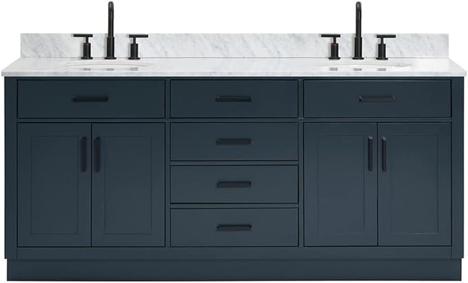 ARIEL Hepburn 72-inch Bathroom Vanity with Sink,Solid Wood, 0.75-inch Italian Carrara Marble Countertop, Double Oval Porcelain Sink, 4 Soft Closing Doors, 6 Dovetail Drawers, Midnight Blue