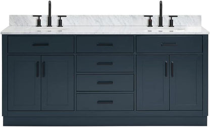 ARIEL Hepburn 72-inch Bathroom Vanity with Sink,Solid Wood, 0.75-inch Italian Carrara Marble Countertop, Double Oval Porcelain Sink, 4 Soft Closing Doors, 6 Dovetail Drawers, Midnight Blue