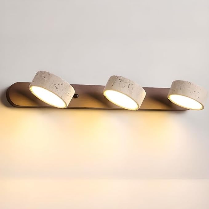 Dark Wood Farmhouse Bathroom Vanity Light Natural Stone Shade | Travertine 3 Lights Linear Bathroom Wall Sconce Rotatable LED Wall Light Over Mirror - Walnut Color