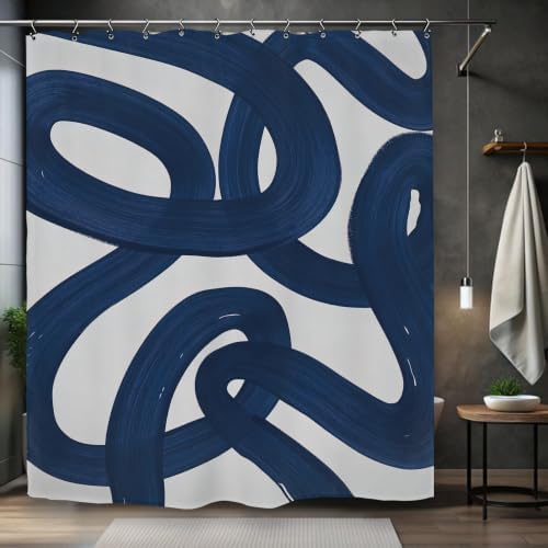Abstract Navy Blue Shower Curtain 60Wx72L Inch Modern Minimalist Contemporary Geometric Line Neutral Simple Geometric Bathroom Set Accessories Decor with 12 Pack Hooks