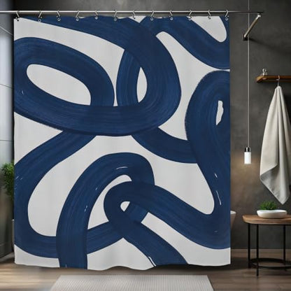 Abstract Navy Blue Shower Curtain 60Wx72L Inch Modern Minimalist Contemporary Geometric Line Neutral Simple Geometric Bathroom Set Accessories Decor with 12 Pack Hooks
