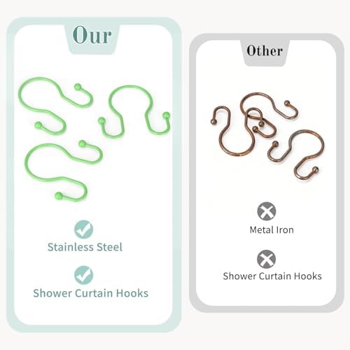 Goowin Shower Curtain Hooks, 12 Pcs Shower Curtain Rings, Stainless Steel Shower Curtain Hangers, Metal Shower Curtain Hooks Rings Rust Proof, Minimalist Shower Hooks for Shower Curtain, Green