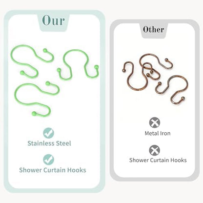 Goowin Shower Curtain Hooks, 12 Pcs Shower Curtain Rings, Stainless Steel Shower Curtain Hangers, Metal Shower Curtain Hooks Rings Rust Proof, Minimalist Shower Hooks for Shower Curtain, Green