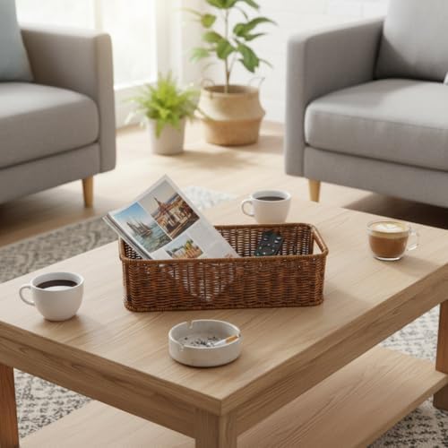 2pcs Toilet Paper Basket, Rectangular Wicker Bathroom Storage Basket, Waterproof Handwoven Toilet Paper Rolls Organizer Baskets for Apartment, Bedroom, Bathroom, Kitchen Shelf (Coffee Brown)