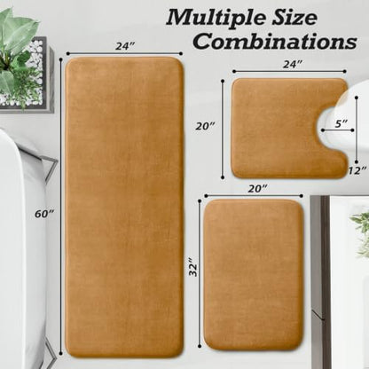 HUXMEYSON Bathroom Rugs Sets 3 Piece, Non-Slip & Quick Dry Bath Mat Set, Ultra Soft Velvet Bath Rugs for Bathroom, Toilet and Shower Floor, Khaki