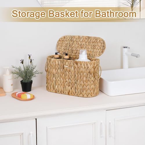 efluky Toilet Paper Storage Basket, Water Hyacinth Slim Toilet Paper Holder with Lid- Holds Up to 9 Mega Rolls, Home Bathroom Decor Organizer