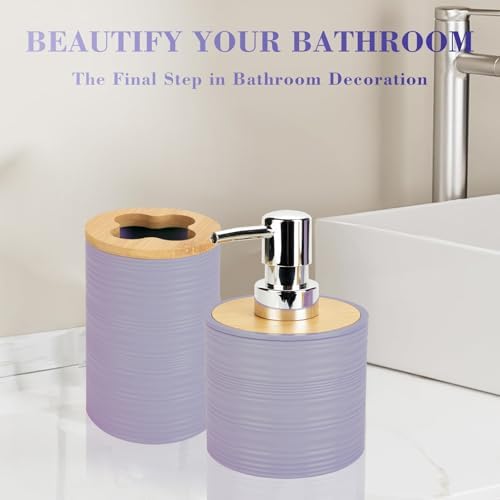 2PCS Lavender Bathroom Set, Soap Dispenser, Dish & Bamboo Holder, Rustic