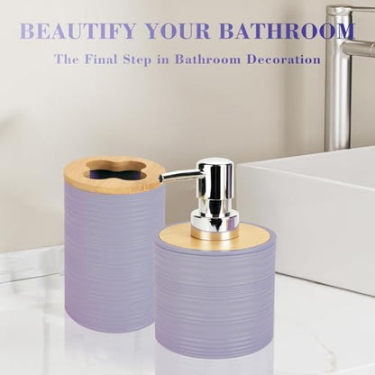 2PCS Lavender Bathroom Set, Soap Dispenser, Dish & Bamboo Holder, Rustic