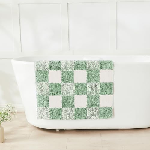 CozeCube Checkered Bath mats for Bathroom Non Slip, Plush Shaggy Bath Rugs for Bathroom Washable, Buffalo Plaid Bath mat, Sage Green, 47" x 24"