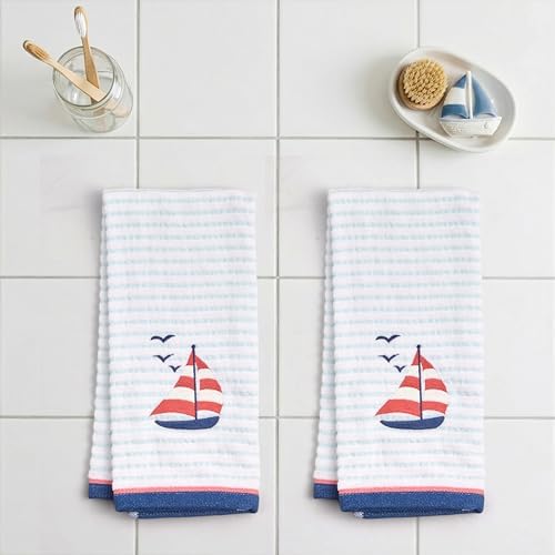 Ritz 2-Piece Cotton Velour Bathroom Hand Towel Set, Embroidered Sailboat Design, Blue Pinstripe Decorative Towels for Lake House, Beach, Coastal Decor, 16” x 26”