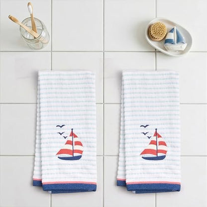 Ritz 2-Piece Cotton Velour Bathroom Hand Towel Set, Embroidered Sailboat Design, Blue Pinstripe Decorative Towels for Lake House, Beach, Coastal Decor, 16” x 26”