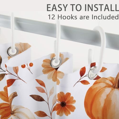 Fall Pumpkin Shower Curtain, Floral Autumn Bathroom Decor, 72 x 72