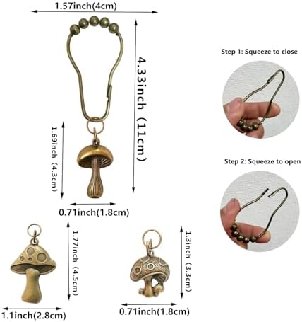 Mushroom Shower Curtain Hooks, 12Pcs Rustproof Metal Cute Retro Mushroom Shower Curtain Hooks Rings for Boho Fairy Forest Country Cottagecore Style Home Bathroom Decor (Set-Bronze)