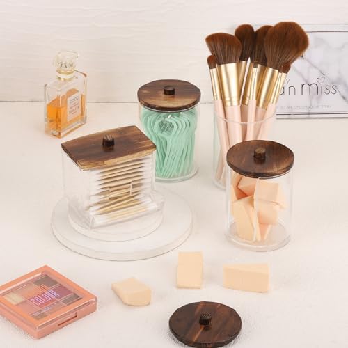 Tbestmax 4 Pack Qtip Holder Dispenser, 10/7oz Bathroom Container for Cotton Ball Cotton Swabs Pads, Apothecary Jar with Wood Lids for Organizer and Storage (Brown)