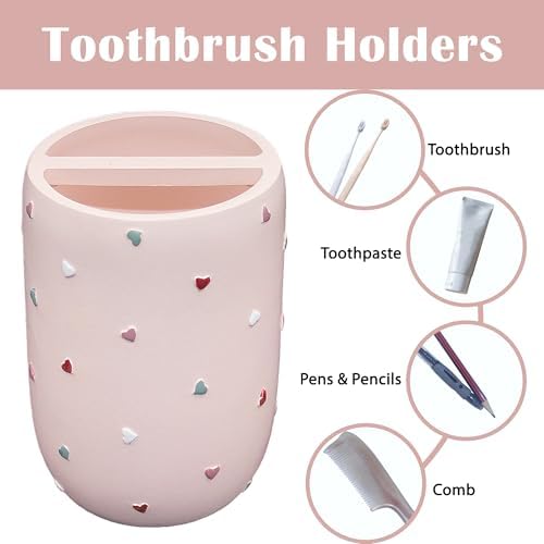 Bathroom Accessories Sets 4-Piece, Premium Pastel Heart Bathroom Accessory Complete Set - Toothbrush Holder, Lotion Soap Dispenser, Vanity Tray, Bathroom Tumbler for Countertop Vanity (Pink)