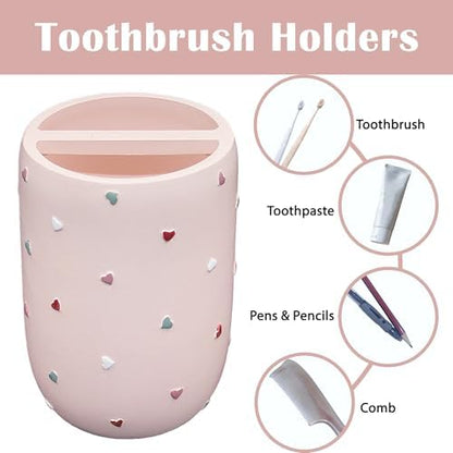 Bathroom Accessories Sets 4-Piece, Premium Pastel Heart Bathroom Accessory Complete Set - Toothbrush Holder, Lotion Soap Dispenser, Vanity Tray, Bathroom Tumbler for Countertop Vanity (Pink)