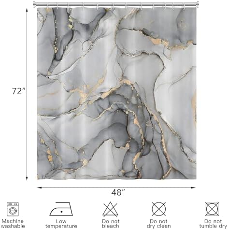 Grey Marble Shower Curtain, Modern Abstract Luxury Grey Gold Ink Texture Watercolor Art Bathroom Curtains Ombre Machine Washable Waterproof Fabric Bathtub Curtain Set with Hooks 48" Wx72 L