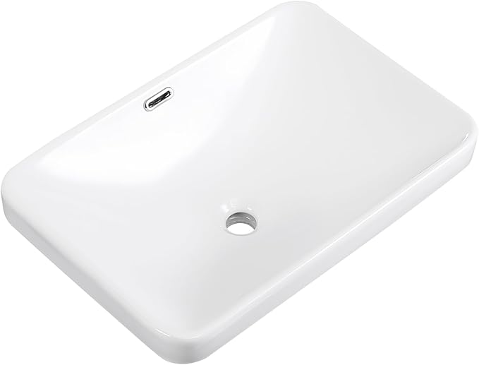 Vessel Sink 23"x16" Semi Recessed Bathroom Sink Drop-in White Bathroom Sink Porcelain Ceramic Modern Rectangular Sinks Drop-in Vanity Sinks with Overflow for Bathrooms