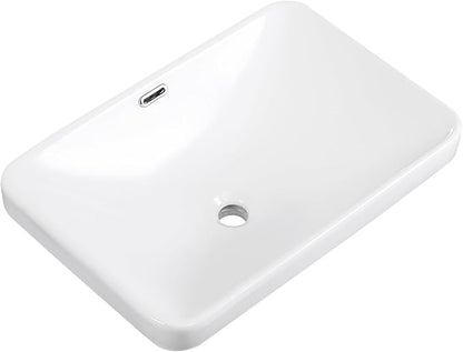 Vessel Sink 23"x16" Semi Recessed Bathroom Sink Drop-in White Bathroom Sink Porcelain Ceramic Modern Rectangular Sinks Drop-in Vanity Sinks with Overflow for Bathrooms
