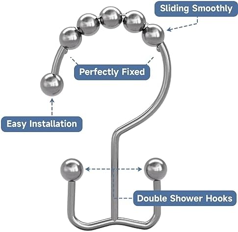 Titanker Shower Curtain Hooks Rings, Rust Resistant Metal Double Glide Shower Hooks Rings for Bathroom Shower Rods Curtains, Set of 24 Hooks - Chrome