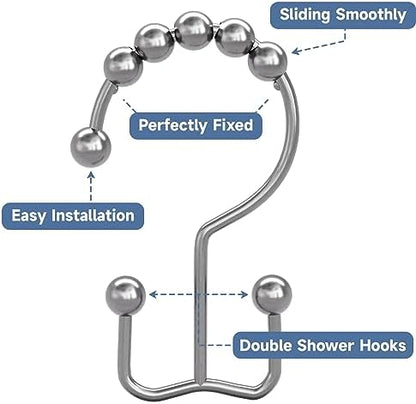 Titanker Double Shower Curtain Hooks, Rust Proof Shower Curtain Rings, Metal Shower Hooks for Bathroom Shower Rods Curtains, Set of 12 Hooks - Chrome