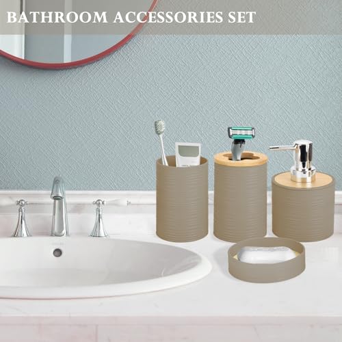 RRM 4 Piece Bamboo Bathroom Accessories Set, Boho Bathroom Decor, Beige