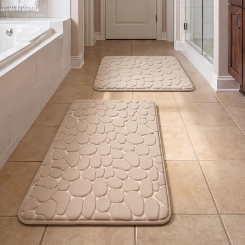 YIHOUSE Bathroom Rugs Mat Set, Memory Foam Bath Mat 2 Piece Khaki